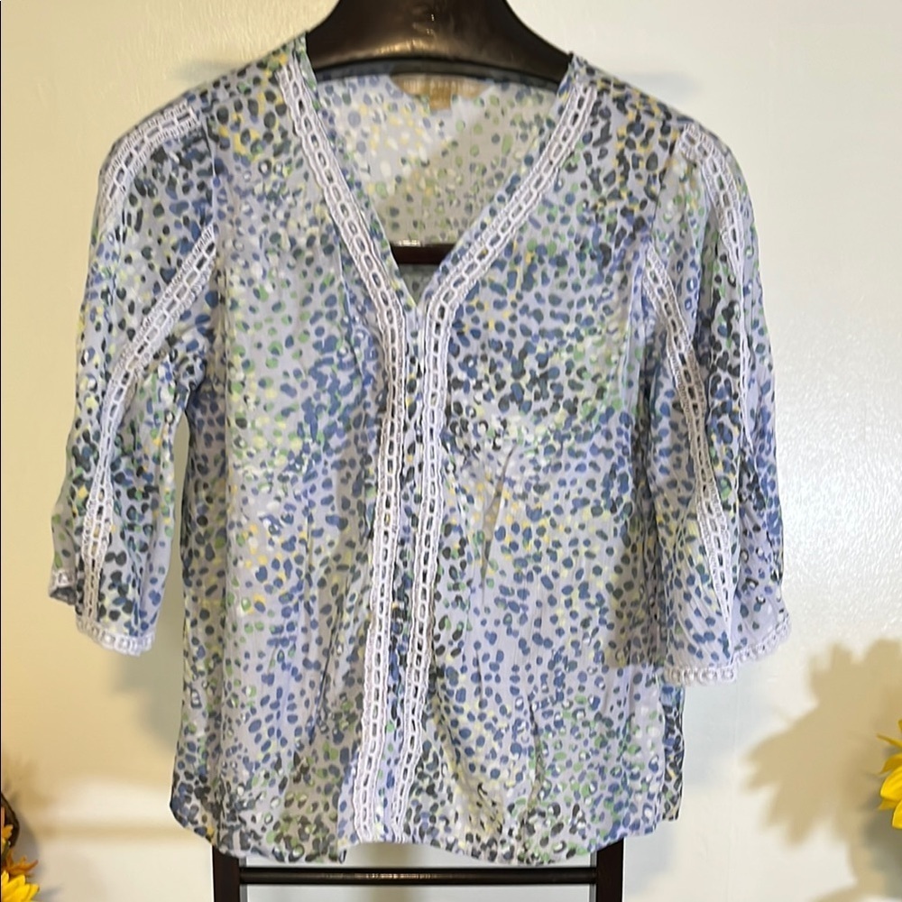 Ruffled Blue and Gray 3/4 Sleeve Blouse